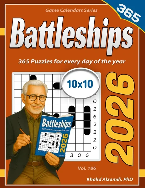 2026 Battleships: 365 Puzzles (10x10) for Every Day of the Year by Dr. Khalid Alzamili – front cover