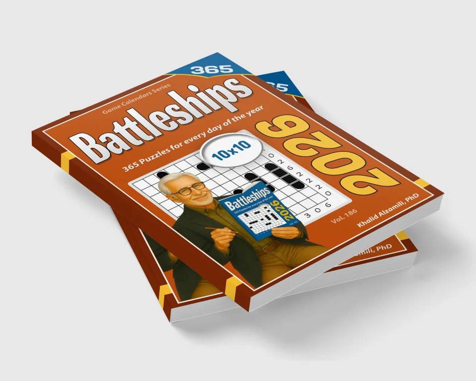 2026 Battleships: 365 Puzzles (10x10) for Every Day of the Year by Dr. Khalid Alzamili – stacked book view