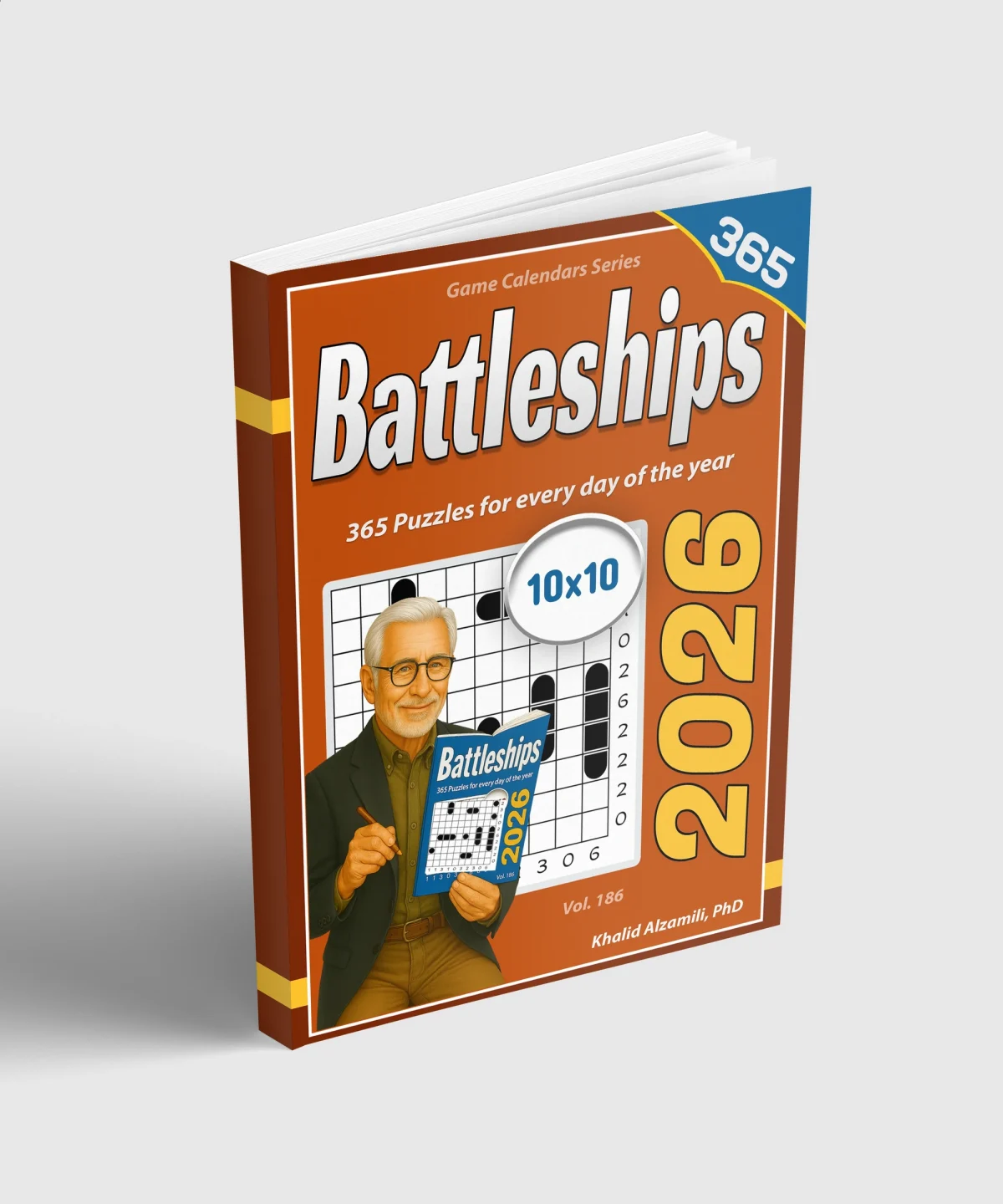 2026 Battleships: 365 Puzzles (10x10) for Every Day of the Year by Dr. Khalid Alzamili – standing book view