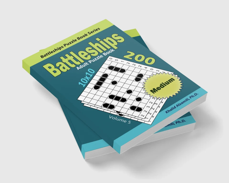 Battleships Adult Puzzle Book: 200 Medium (10x10) Puzzles by Dr. Khalid Alzamili – stacked book view