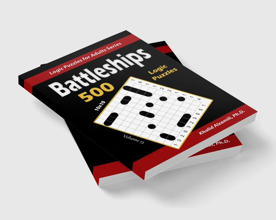 Battleships: 500 Puzzles (10x10) by Dr. Khalid Alzamili – stacked book view