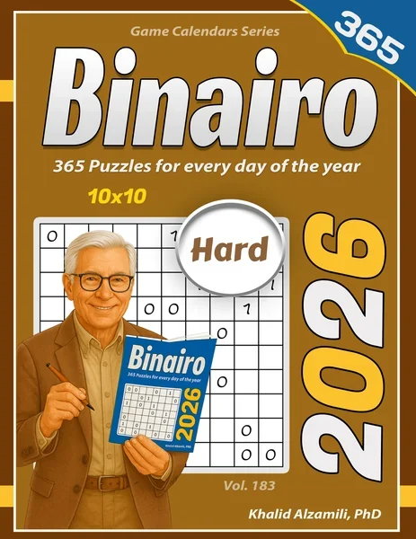 2026 Binairo: 365 Hard (10x10) Binary Puzzles for Every Day of the Year by Dr. Khalid Alzamili – front cover