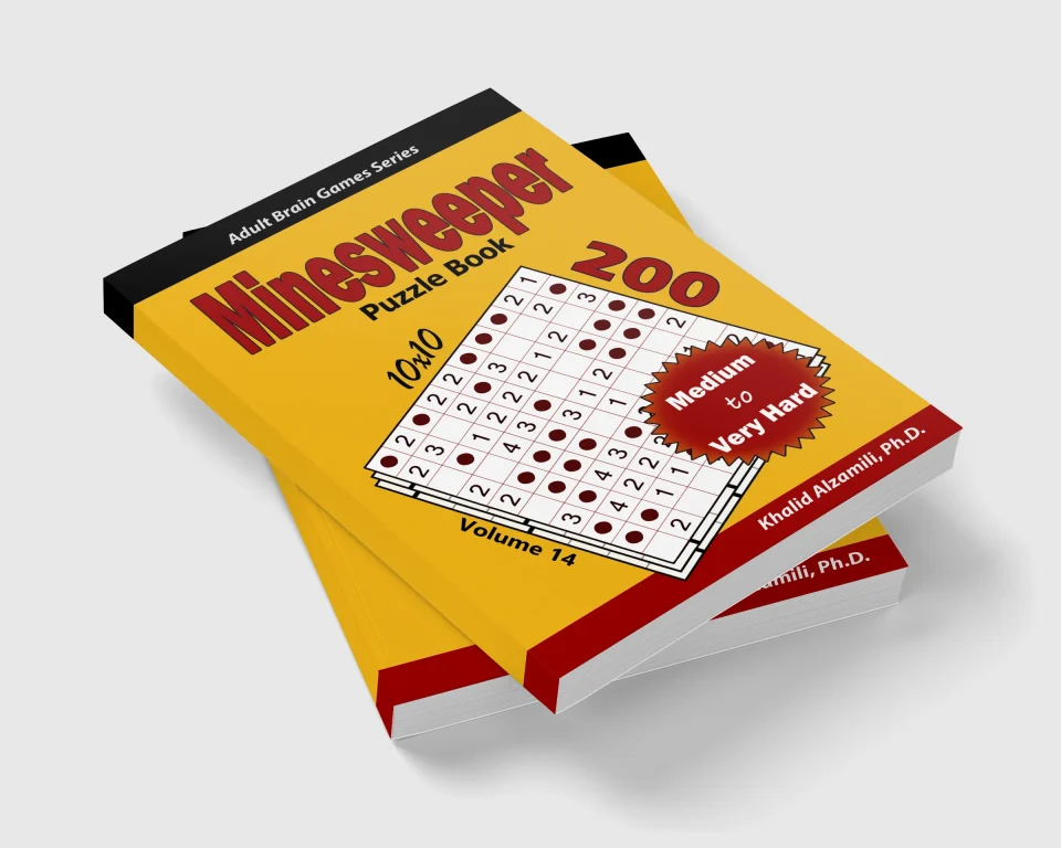 Minesweeper Puzzle Book: 200 Medium to Very Hard (10x10) Puzzles by Dr. Khalid Alzamili – stacked book view