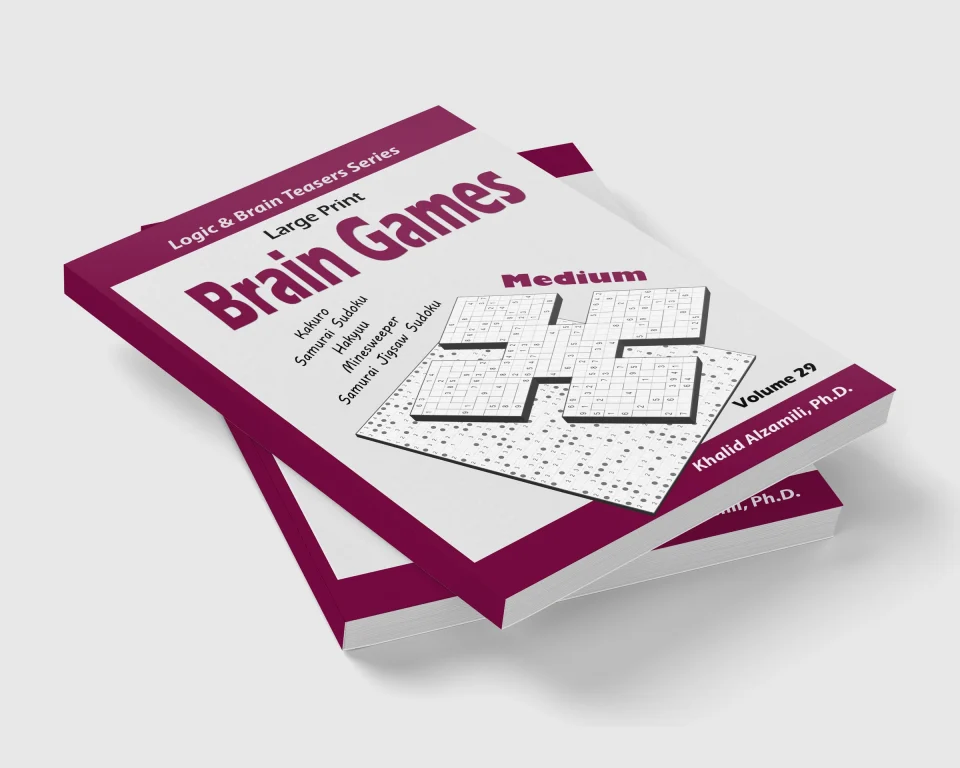 Large Print Brain Games: 100 Medium Adults Puzzles (Kakuro, Samurai Sudoku, Hakyuu, Minesweeper, Samurai Jigsaw Sudoku) by Dr. Khalid Alzamili – stacked book view