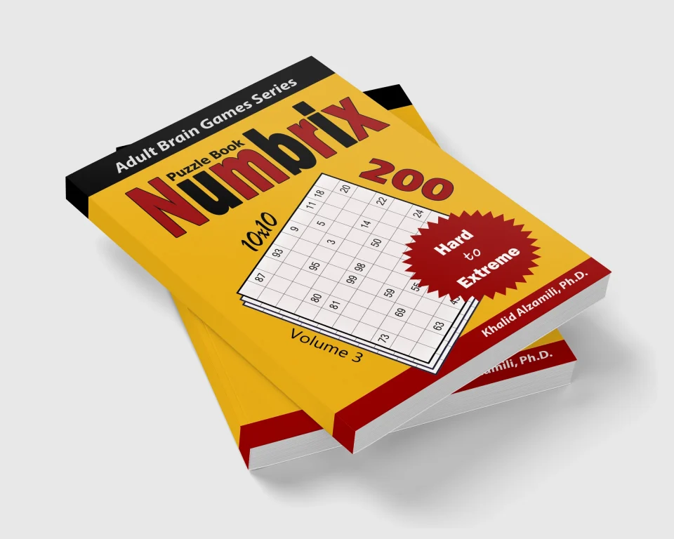 Numbrix Puzzle Book: 200 Hard to Extreme (10x10) Puzzles by Dr. Khalid Alzamili – stacked book view