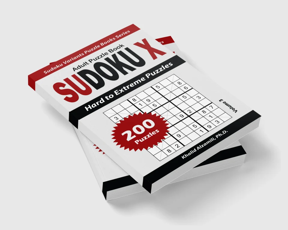 Sudoku X Adult Puzzle Book: 200 Hard to Extreme Puzzles by Dr. Khalid Alzamili – stacked book view